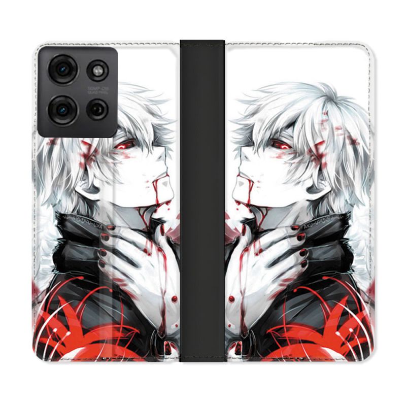 Housse cuir portefeuille Pour Motorola G75 5G Manga Tokyo Ghoul Kaneki Blanc
