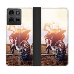 Housse cuir portefeuille Pour Motorola G75 5G Moto Cross Soleil