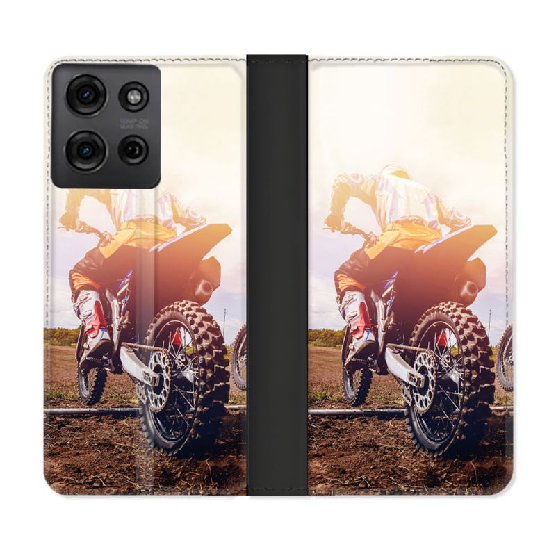 Housse cuir portefeuille Pour Motorola G75 5G Moto Cross Soleil