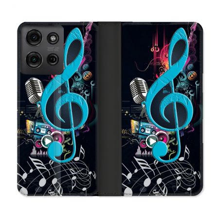 Housse cuir portefeuille Pour Motorola G75 5G Musique Cle Sol Bleu