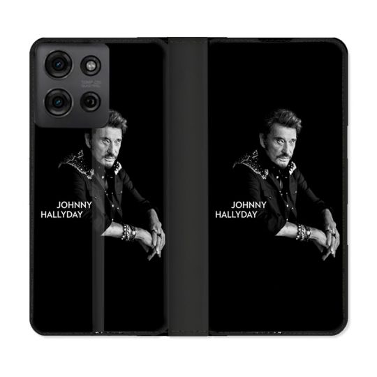 Housse cuir portefeuille Pour Motorola G75 5G Musique Johnny Hallyday Noir