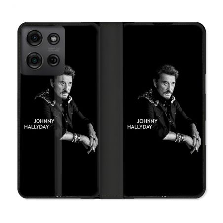 Housse cuir portefeuille Pour Motorola G75 5G Musique Johnny Hallyday Noir