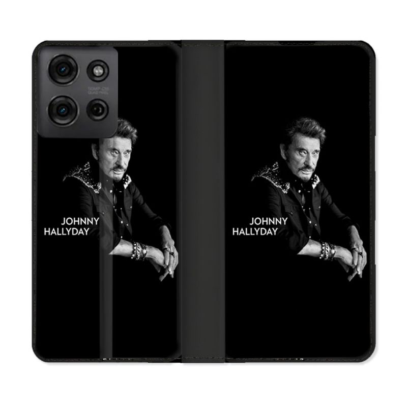 Housse cuir portefeuille Pour Motorola G75 5G Musique Johnny Hallyday Noir