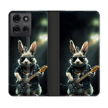 Housse cuir portefeuille Pour Motorola G75 5G Musique Rock Lapin