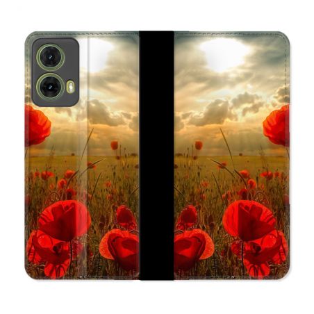 Housse cuir portefeuille Pour Motorola G85 5G Fleur Coquelicot