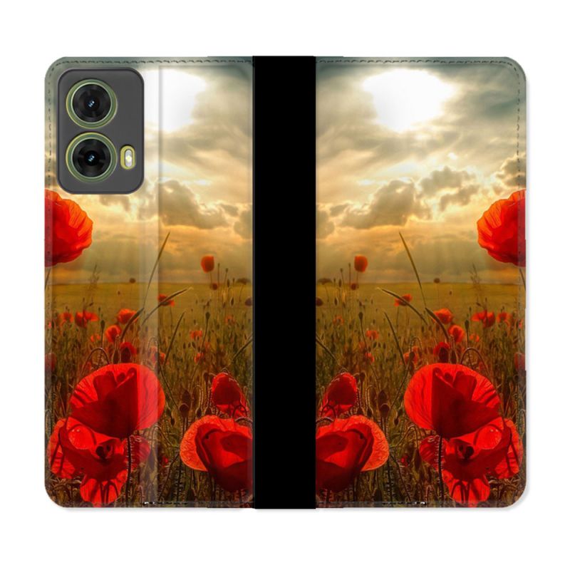 Housse cuir portefeuille Pour Motorola G85 5G Fleur Coquelicot