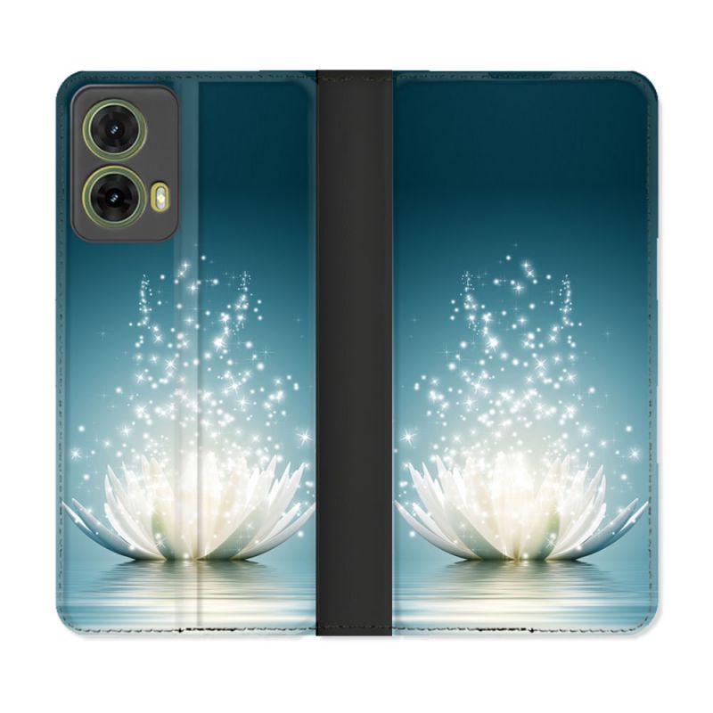 Housse cuir portefeuille Pour Motorola G85 5G Fleur Lotus Blanc