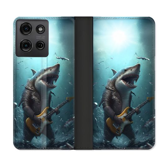 Housse cuir portefeuille Pour Motorola G75 5G Musique Rock Requin