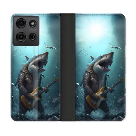 Housse cuir portefeuille Pour Motorola G75 5G Musique Rock Requin