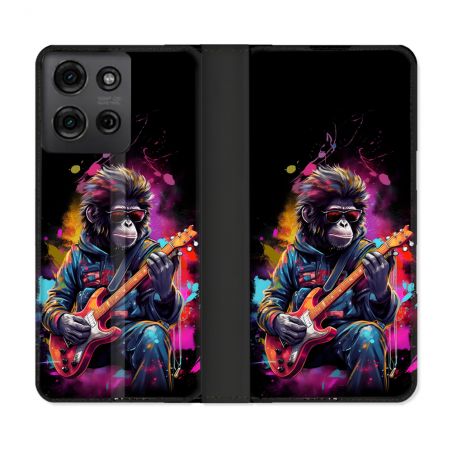 Housse cuir portefeuille Pour Motorola G75 5G Musique Rock Singe