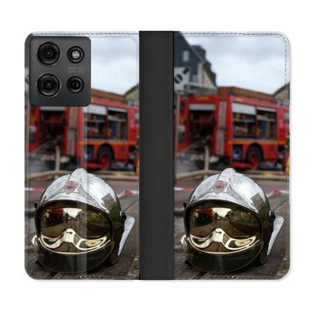 Housse cuir portefeuille Pour Motorola G75 5G Pompier Casque Camion