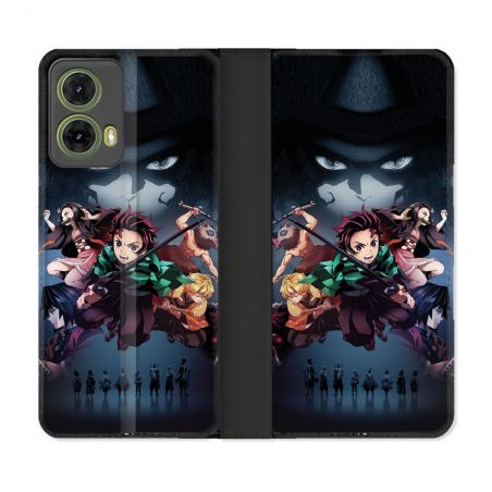Housse cuir portefeuille Pour Motorola G85 5G Manga Demon Slayer Noir