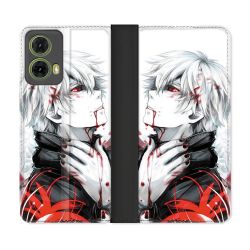 Housse cuir portefeuille Pour Motorola G85 5G Manga Tokyo Ghoul Kaneki Blanc