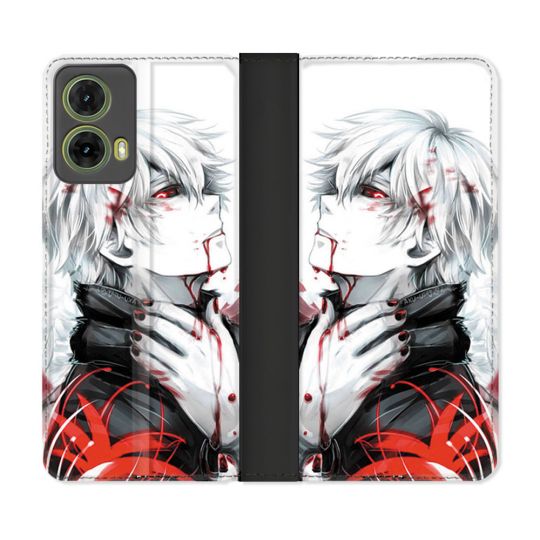 Housse cuir portefeuille Pour Motorola G85 5G Manga Tokyo Ghoul Kaneki Blanc