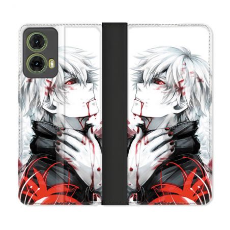 Housse cuir portefeuille Pour Motorola G85 5G Manga Tokyo Ghoul Kaneki Blanc