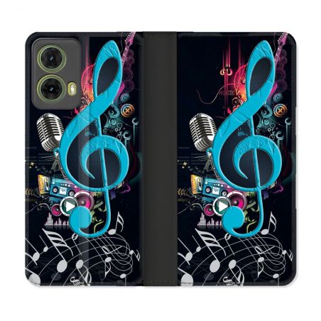 Housse cuir portefeuille Pour Motorola G85 5G Musique Cle Sol Bleu