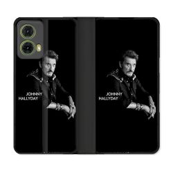 Housse cuir portefeuille Pour Motorola G85 5G Musique Johnny Hallyday Noir