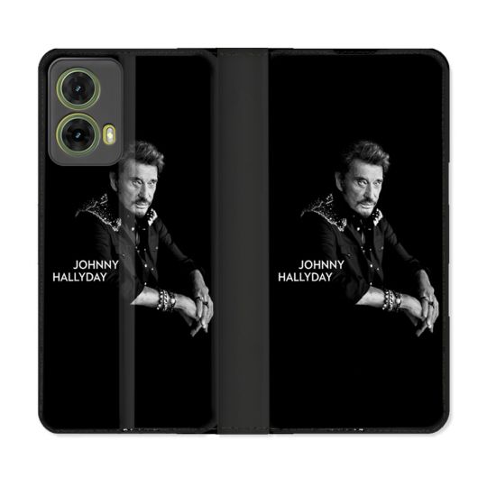 Housse cuir portefeuille Pour Motorola G85 5G Musique Johnny Hallyday Noir