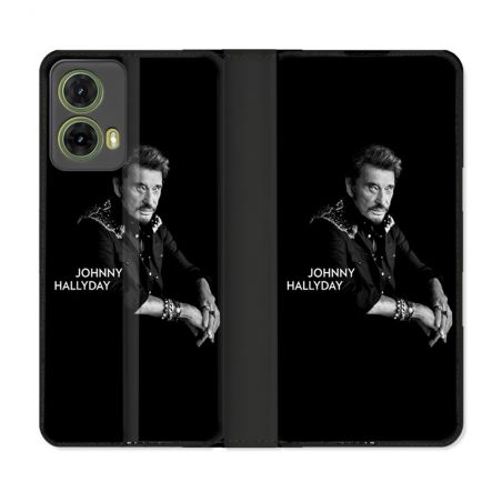 Housse cuir portefeuille Pour Motorola G85 5G Musique Johnny Hallyday Noir