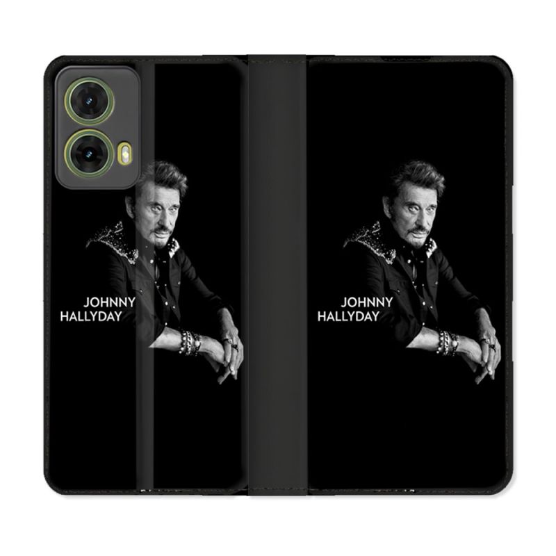 Housse cuir portefeuille Pour Motorola G85 5G Musique Johnny Hallyday Noir