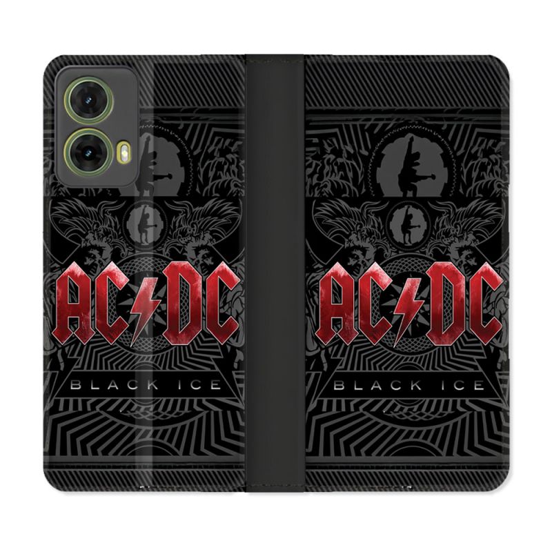 Housse cuir portefeuille Pour Motorola G85 5G Musique Rock ACDC Rouge