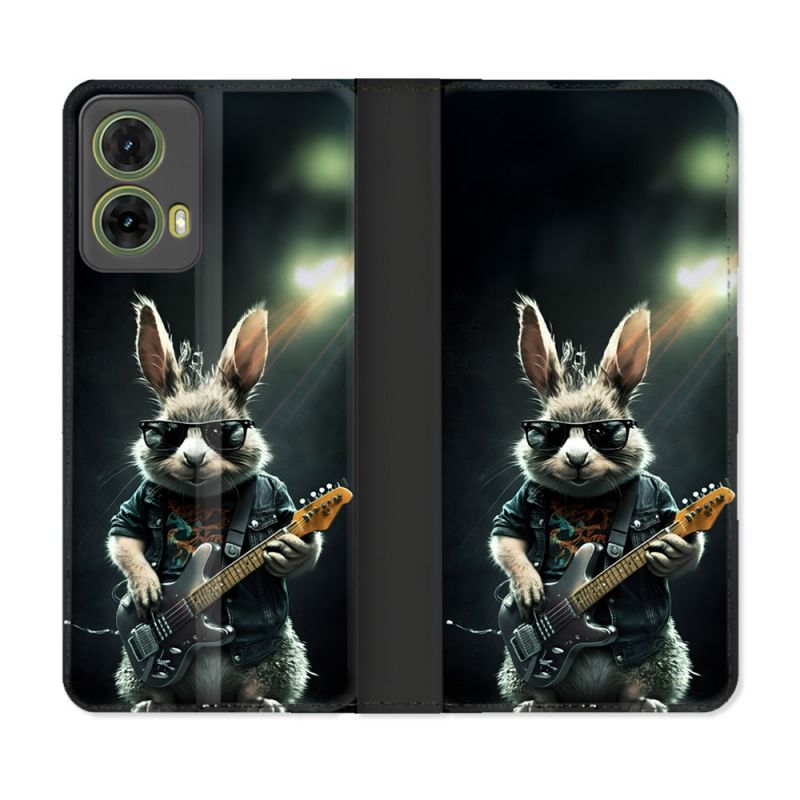 Housse cuir portefeuille Pour Motorola G85 5G Musique Rock Lapin