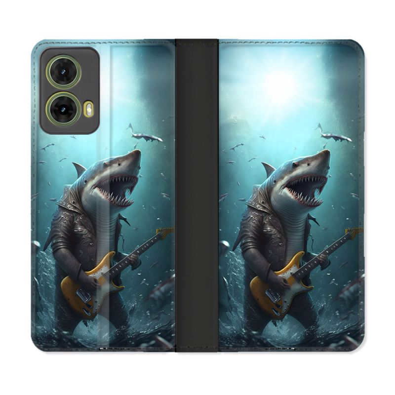 Housse cuir portefeuille Pour Motorola G85 5G Musique Rock Requin