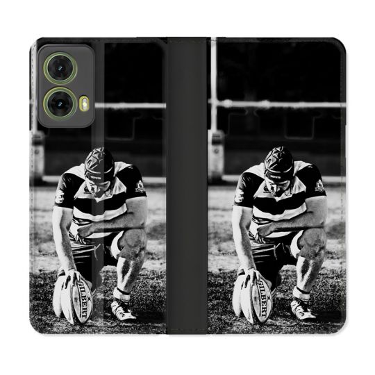 Housse cuir portefeuille Pour Motorola G85 5G Sport Rugby Noir Blanc