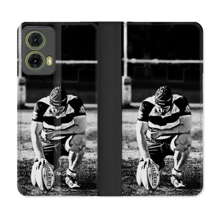 Housse cuir portefeuille Pour Motorola G85 5G Sport Rugby Noir Blanc