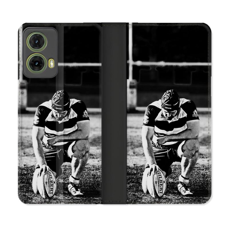Housse cuir portefeuille Pour Motorola G85 5G Sport Rugby Noir Blanc