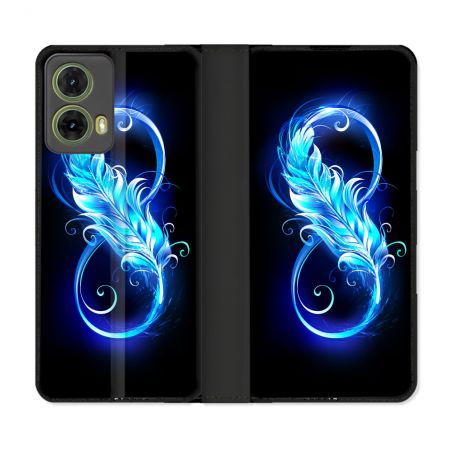 Housse cuir portefeuille Pour Motorola G85 5G Texture Plume Infini Bleu