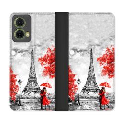 Housse cuir portefeuille Pour Motorola G85 5G Voyage France Paris Rouge