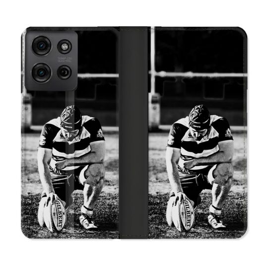 Housse cuir portefeuille Pour Motorola G75 5G Sport Rugby Noir Blanc