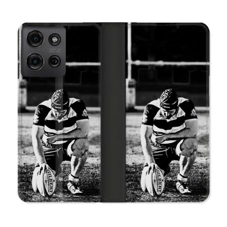 Housse cuir portefeuille Pour Motorola G75 5G Sport Rugby Noir Blanc
