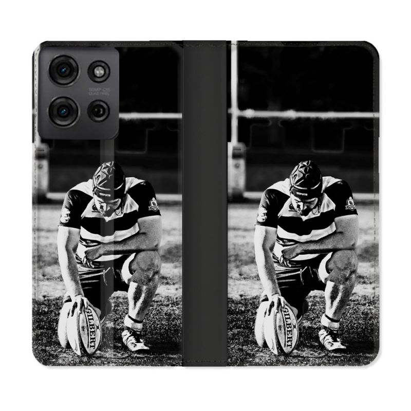 Housse cuir portefeuille Pour Motorola G75 5G Sport Rugby Noir Blanc