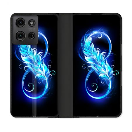 Housse cuir portefeuille Pour Motorola G75 5G Texture Plume Infini Bleu