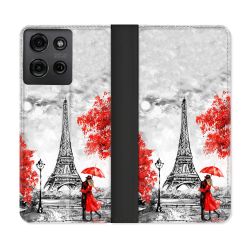 Housse cuir portefeuille Pour Motorola G75 5G Voyage France Paris Rouge