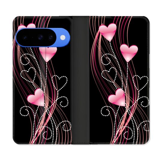 Housse cuir portefeuille Pour Google Pixel 10 Amour Coeur Rose Montant sur Noir