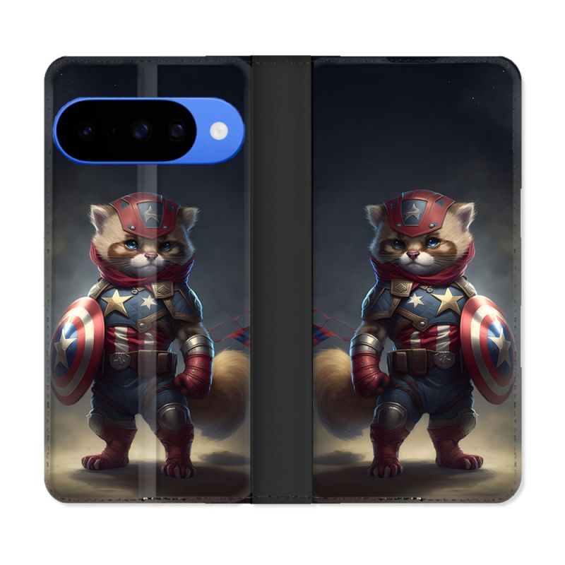 Housse cuir portefeuille Pour Google Pixel 10 Animal Chat America