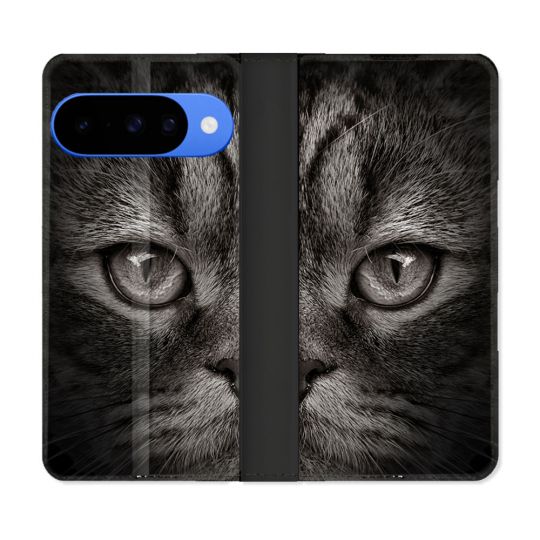 Housse cuir portefeuille Pour Google Pixel 10 Animal Chat Gris