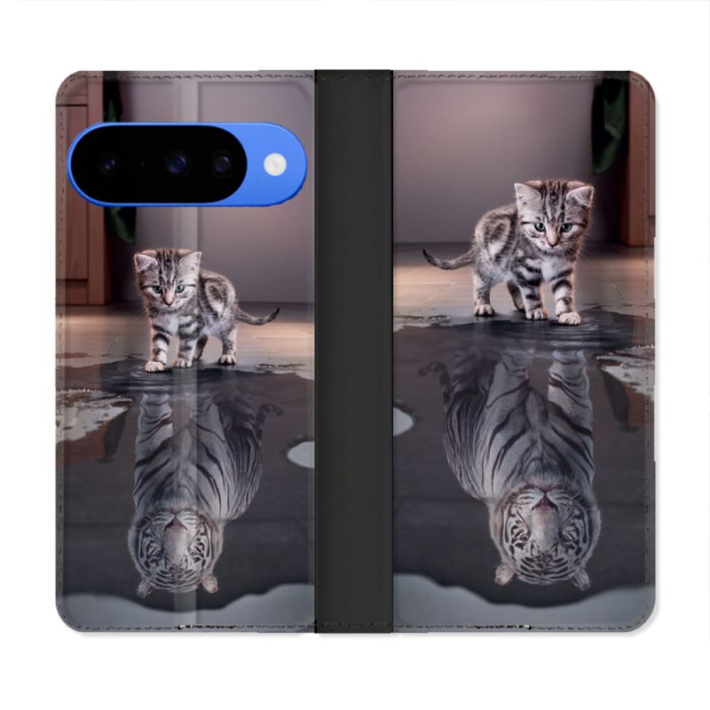 Housse cuir portefeuille Pour Google Pixel 10 Animal Chat Reflet