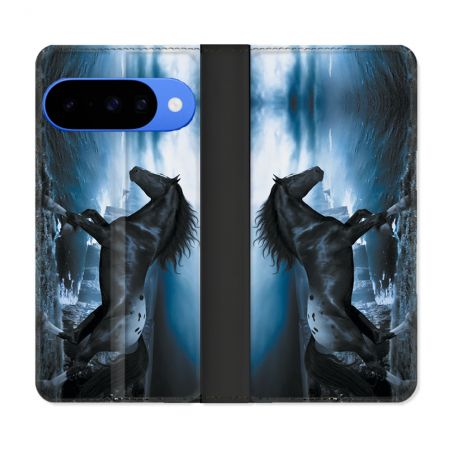 Housse cuir portefeuille Pour Google Pixel 10 Animal Cheval Noir