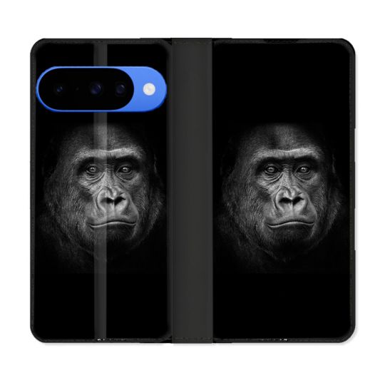 Housse cuir portefeuille Pour Google Pixel 10 Animal Gorille Noir