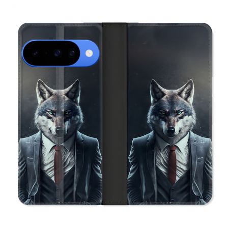 Housse cuir portefeuille Pour Google Pixel 10 Animal Loup Business