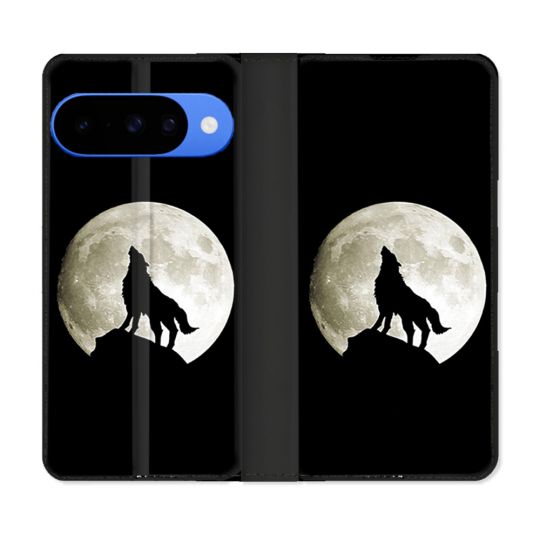 Housse cuir portefeuille Pour Google Pixel 10 Animal Loup Noir