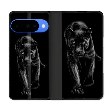 Housse cuir portefeuille Pour Google Pixel 10 Animal Panthère Noire