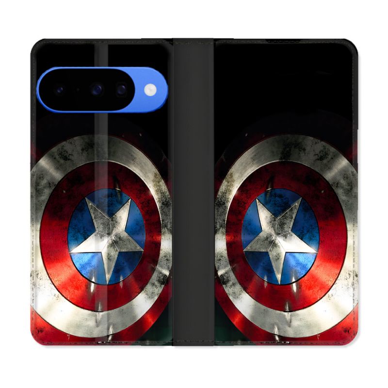 Housse cuir portefeuille Pour Google Pixel 10 Captain America Bouclier