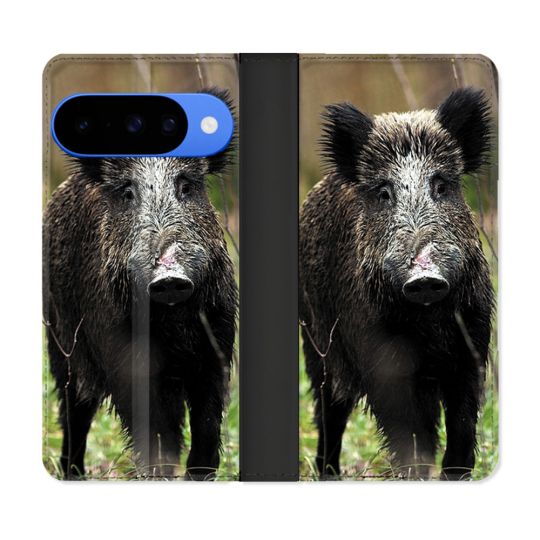 Housse cuir portefeuille Pour Google Pixel 10 Chasse Sanglier bois