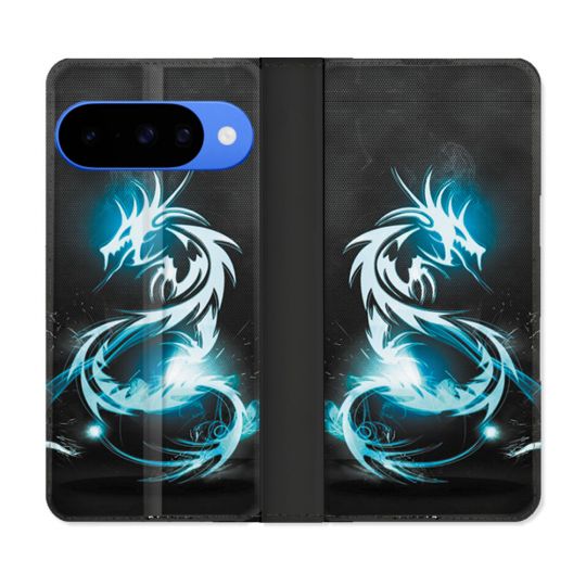 Housse cuir portefeuille Pour Google Pixel 10 Fantastique Dragon Bleu