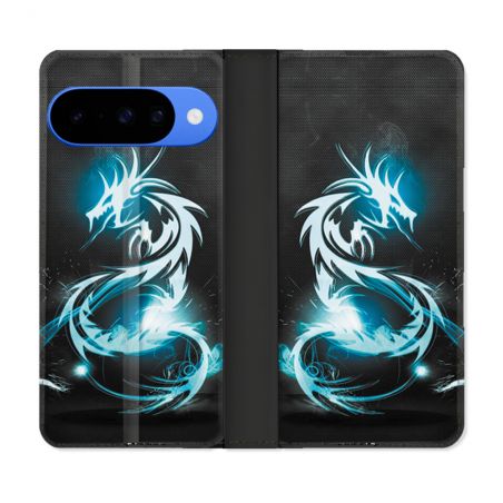 Housse cuir portefeuille Pour Google Pixel 10 Fantastique Dragon Bleu